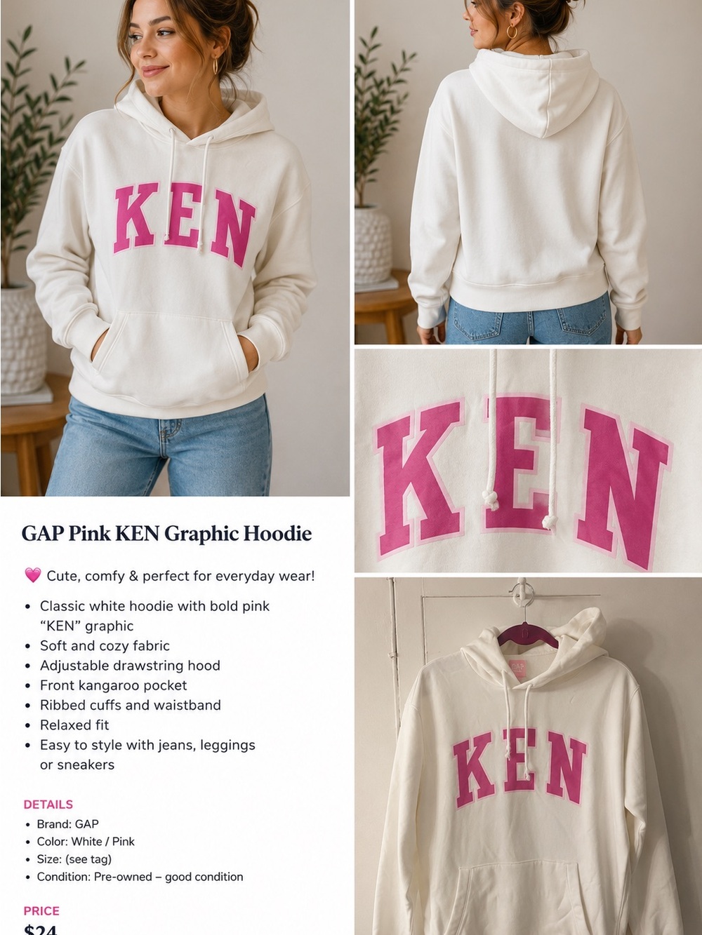 GAP White Hoodie with Pink KEN Graphic
